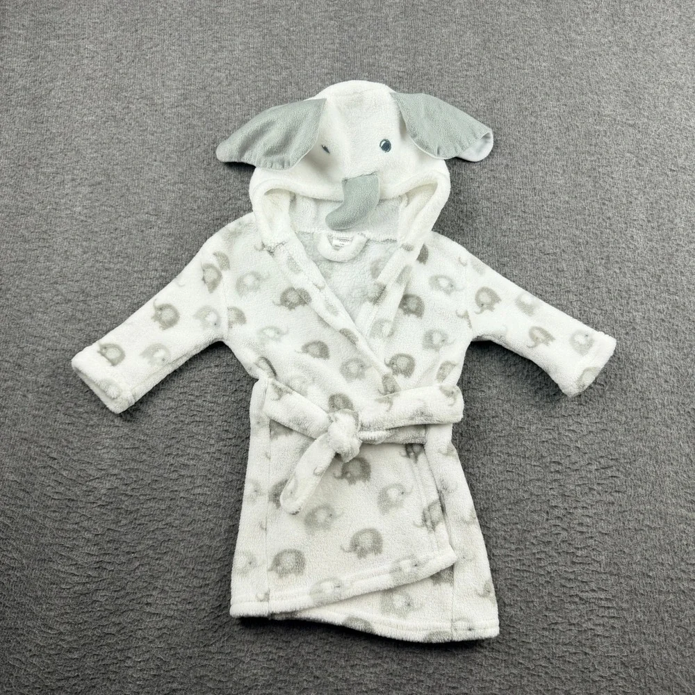 Modern Baby Elephant‎ Hooded Bathrobe White Gray Fleece Plush 0-9M